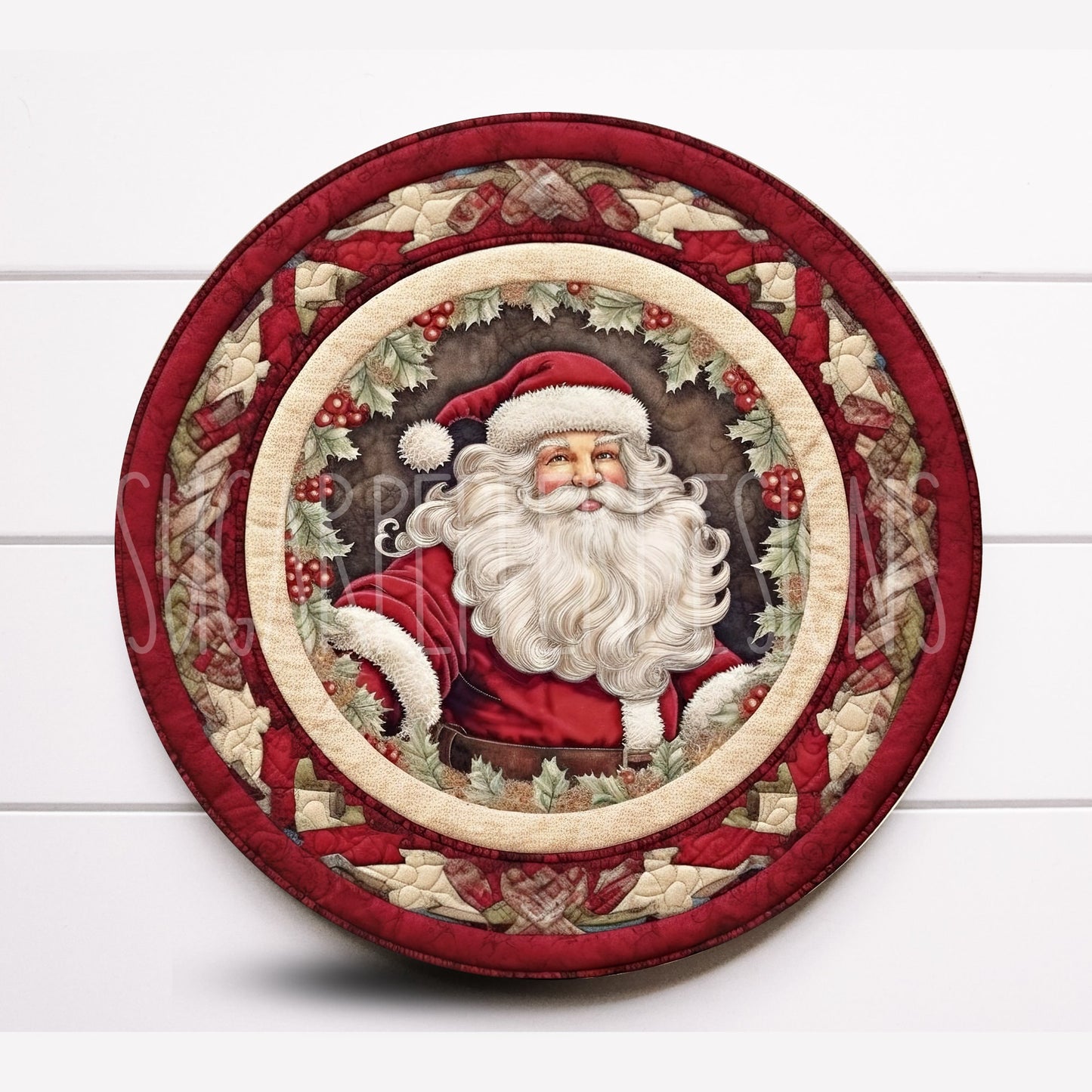 Wreath Sign, Round Quilted Santa Claus Wreath Sign, Christmas Wreath Sign, Metal Wreath Sign, Sugar Pepper Designs, Sign For Wreath,