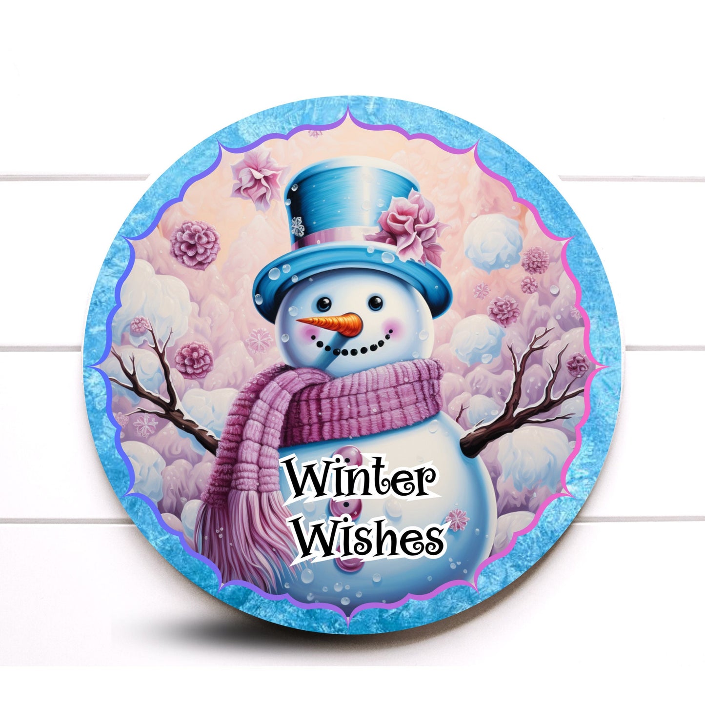 Wreath Sign, Round Pink and Blue Winter Winter Wishes Snowman Round Metal Wreath Sign, Sign for Wreaths, Wreath Attachments, Door Decor