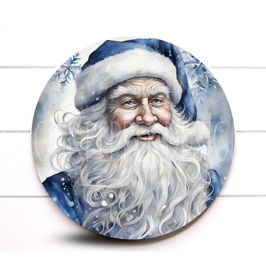 Wreath Sign, Round Blue and Silver Santa Claus Christmas Wreath Sign, Metal Wreath Sign, Sugar Pepper Designs, Sign For Wreath, Door Decor