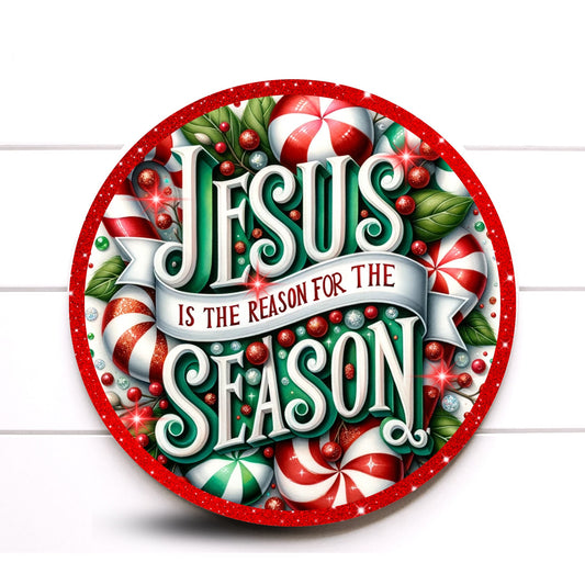 Wreath Sign, Red and Green Christmas Jesus Is the Reason for the Season Round Metal Wreath Sign, Sugar Pepper Designs, Sign For Wreath