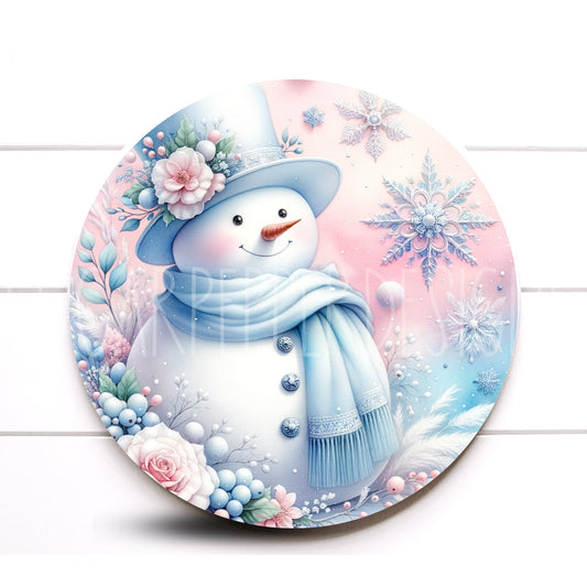 Wreath Sign, Pink and Blue Pastel Christmas Snowman Round Metal Wreath Sign, Wreath Sign, Sugar Pepper Designs, Sign For Wreath