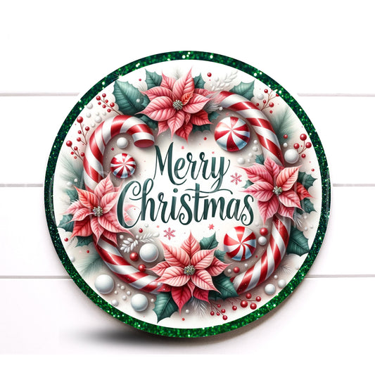 Wreath Sign, Red and Green Candy Merry Christmas Round Metal Christmas Wreath Sign, Traditional Christmas Sign, Signs for Wreaths