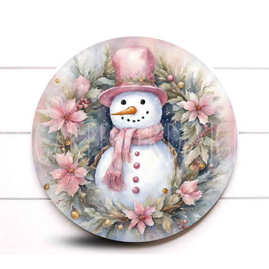 Wreath Sign, Pink and Neutral Rustic Snowman Wreath Sign, Round Metal Wreath Sign, Christmas Sign, Sugar Pepper Designs, Sign For Wreath