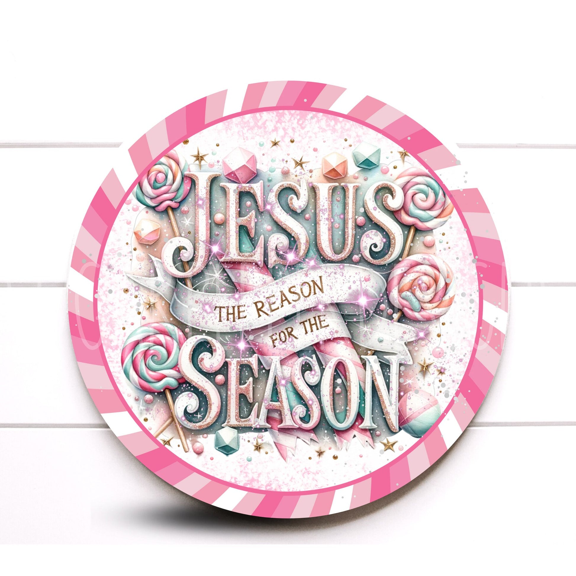 Wreath Sign, Pink Christmas Jesus Is the Reason for the Season Round Metal Wreath Sign, Wreath Sign, Sugar Pepper Designs, Sign For Wreath