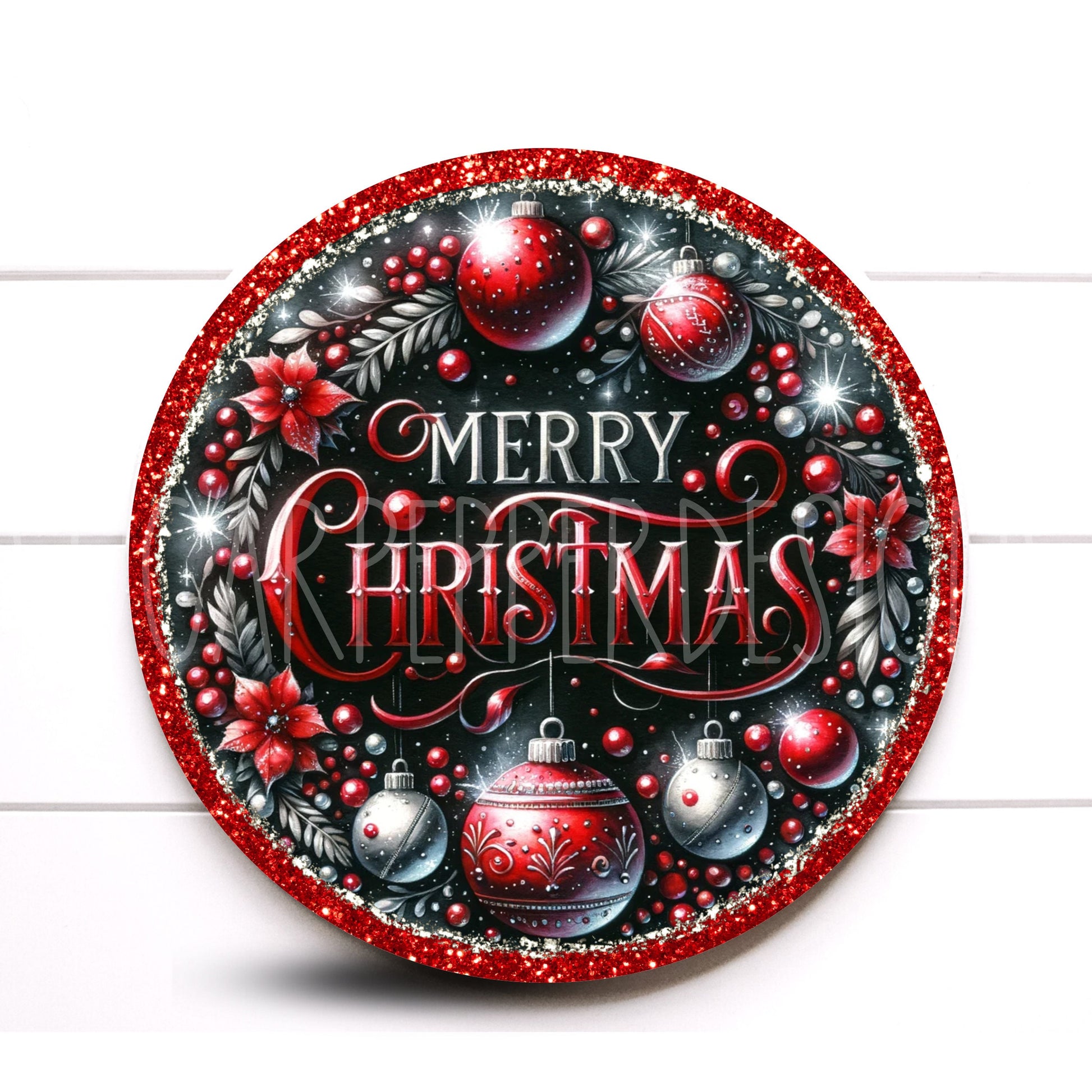 Wreath Sign, Round Red and Silver Merry Christmas Wreath Sign, Metal Wreath Sign, Sugar Pepper Designs, Sign For Wreath,