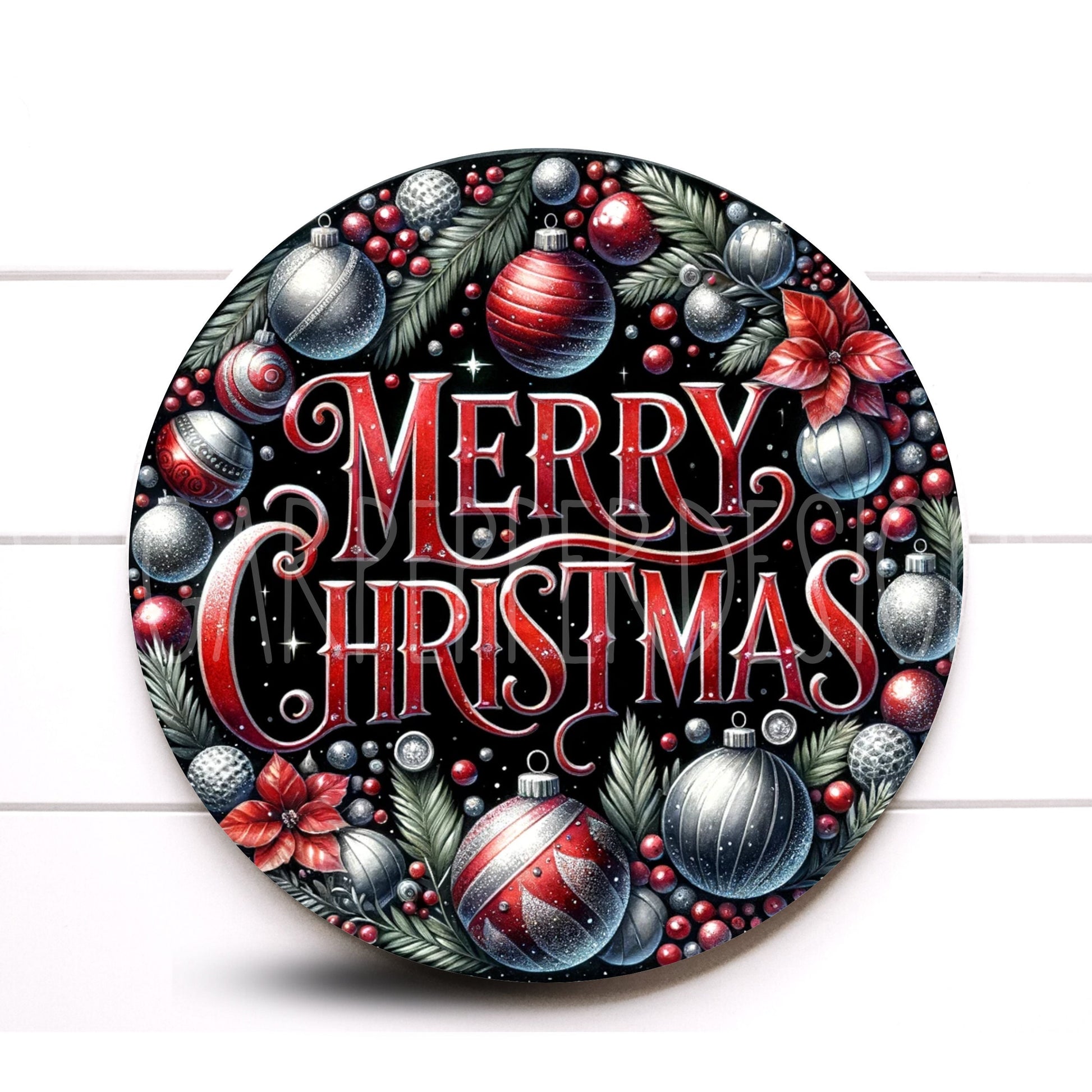 Wreath Sign, Round Red and Silver Merry Christmas Wreath Sign, Metal Wreath Sign, Sugar Pepper Designs, Sign For Wreath,