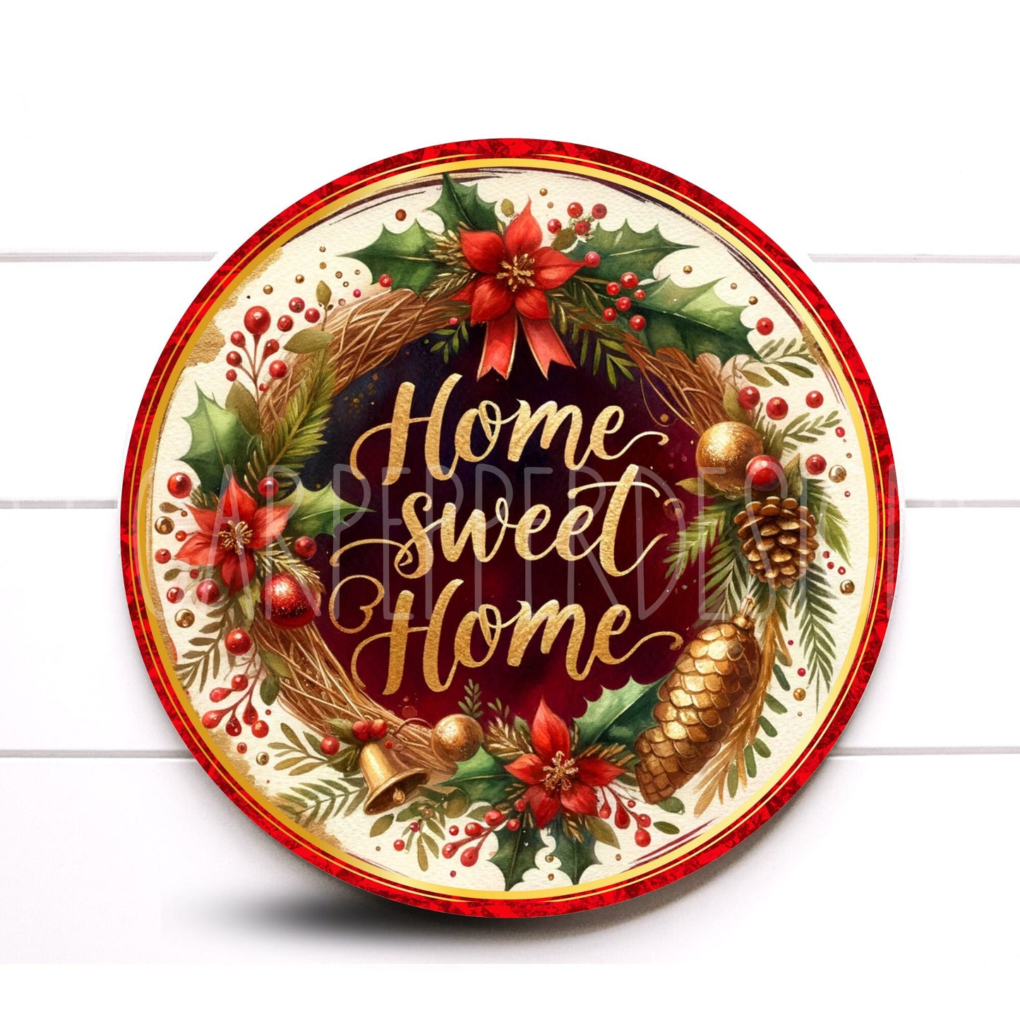 Wreath Sign, Round Rustic Merry Christmas Wreath Sign, Red and Gold Metal Wreath Sign, Sugar Pepper Designs, Sign For Wreath,