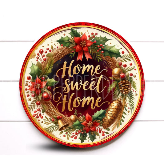 Wreath Sign, Round Rustic Merry Christmas Wreath Sign, Red and Gold Metal Wreath Sign, Sugar Pepper Designs, Sign For Wreath,